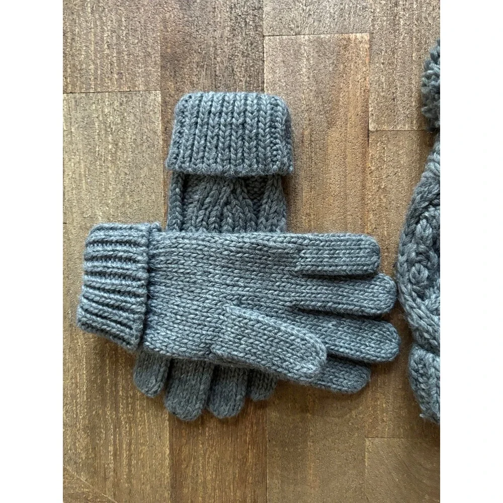 Gray knit cable knit pom pom hat and mittens set